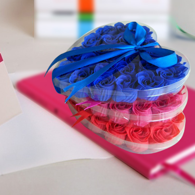 厂家加工纸香皂24朵PVC心形盒装肥皂花粉色玫瑰